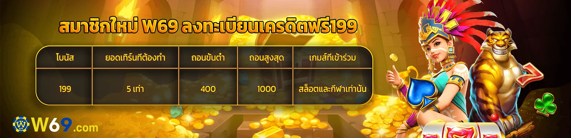 เครดิตฟรี 199 บาทจาก W69 สมัครใหม่รับได้เลย ไม่ต้องฝากเงินก่อน